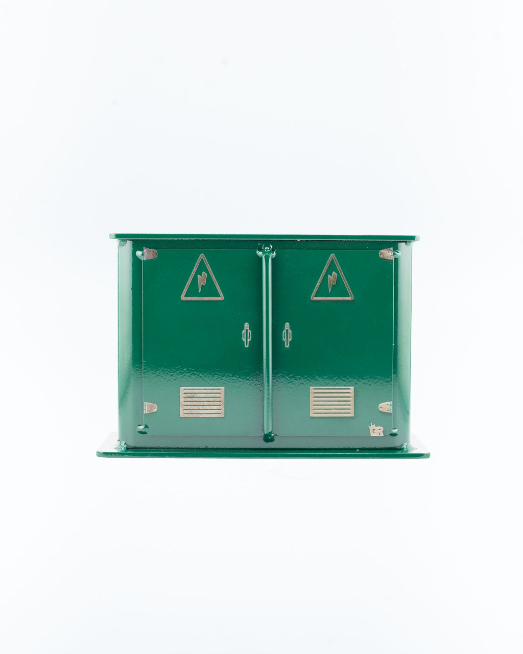 Green Electrical grind box for tabletop fingerboarding, made to look like a real electrical grind box, shown on a plain white background.