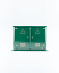 Green Electrical grind box for tabletop fingerboarding, made to look like a real electrical grind box, shown on a plain white background.